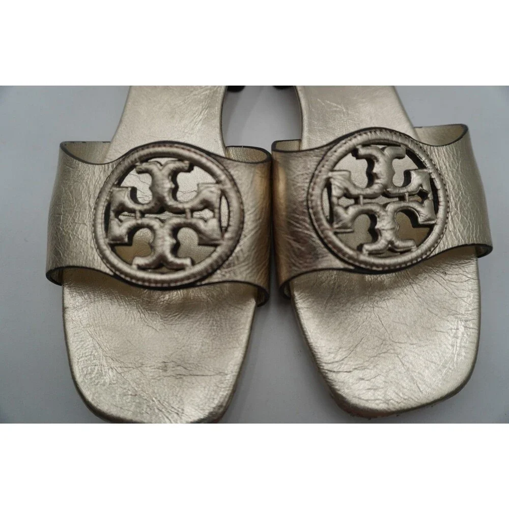 Tory Burch Miller Bombe Double T Logo Mule Sandals Gold Leather Women's Size 8.5